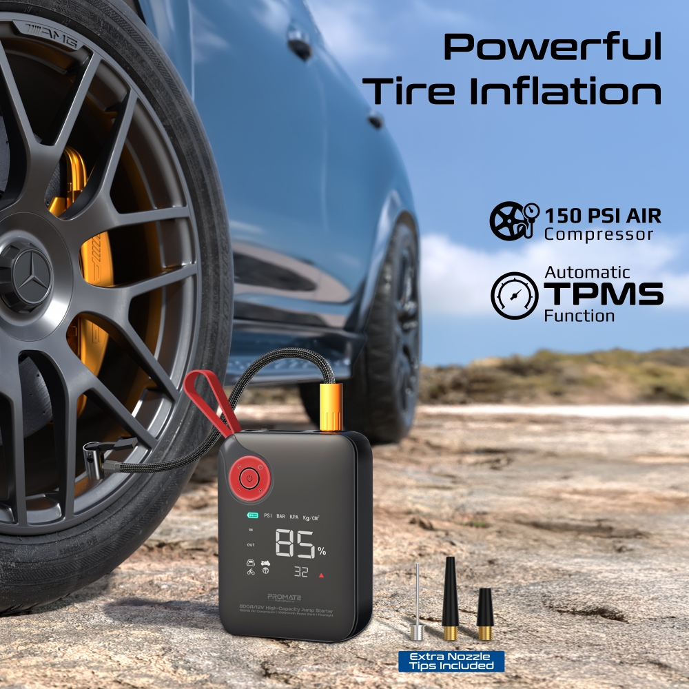 جهاز طوارئ 4 في 1 لتشغيل السيارات بقوة 800 أمبير، مزوّد بكمبروسر هواء 150PSI وبطارية 10000mAh، يشحن عبر USB وType-C، مع كشاف LED قوي، مثالي للسيارات، الدفع الرباعي، والدراجات النارية — الحل الذكي على جهاز طوارئ 4 في 1 لتشغيل السيارات بقوة 800 أمبير، مزوّد بكمبروسر هواء 150PSI وبطارية 10000mAh، يشحن عبر USB وType-C، مع كشاف LED قوي، مثالي للسيارات، الدفع الرباعي، والدراجات النارية — الحل الذكي على