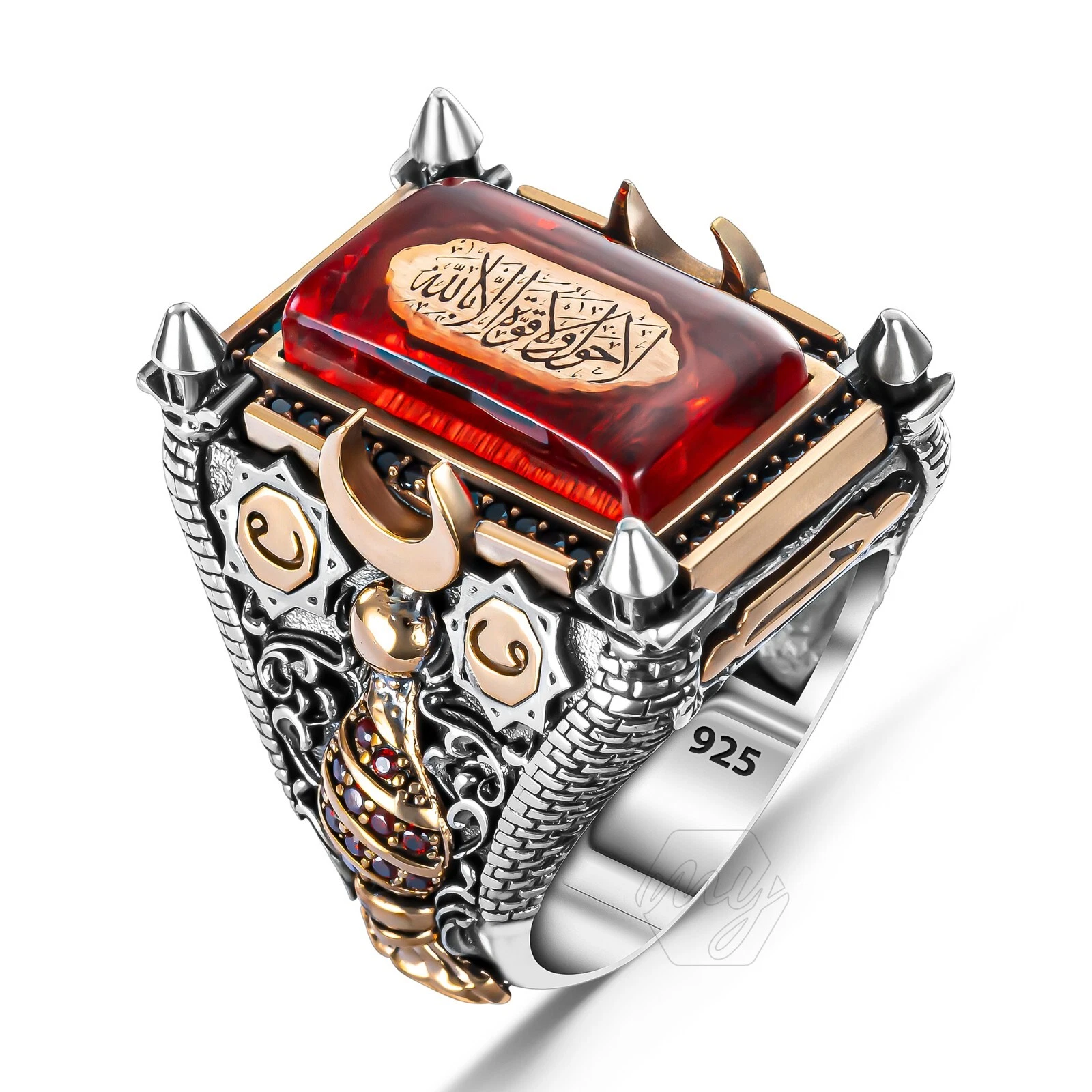 خاتم رجالي من الفضة الإسترلينية عيار 925 مرصع بأحجار كريمة، مصنوع يدويًا بأحجار كريمة طبيعية