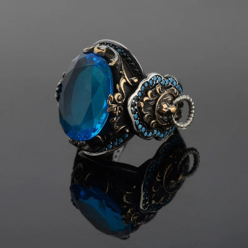 خاتم رجالي من الفضة الإسترلينية عيار 925 مرصع بأحجار كريمة، مصنوع يدويًا بأحجار كريمة طبيعية